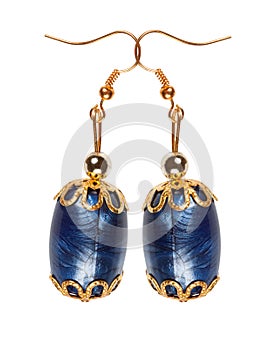 Blue plastic earrings with gold elements on a white background