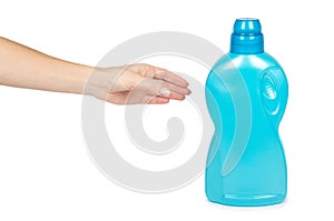 Blue plastic liquid detergent bottle with hand. Isolated on white background. Laundry container, merchandise template
