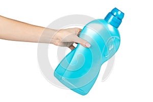 Blue plastic liquid detergent bottle with hand. Isolated on white background. Laundry container, merchandise template