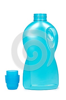 Blue plastic liquid detergent bottle. Isolated on white background. Laundry container, merchandise template