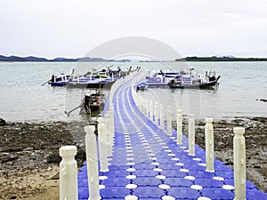 Blue plastic pontoon walk way on mud beach.