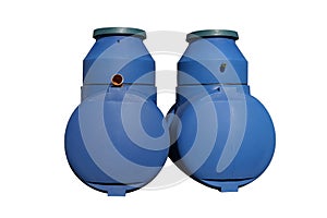 Blue plastic septic tanks stand in a row. Two cylindrical containers. Isolated background, a large of sewage