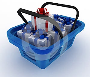 Blue plastic shopping basket with boxes