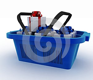 Blue plastic shopping basket with boxes of gifts