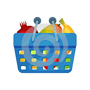 Blue plastic shopping basket full of fresh fruits. Natural and healthy food. Organic products. Flat vector icon