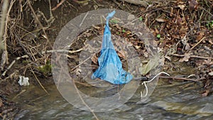 A blue plastic trash bag tangled in the branches of a tree on the river bank.