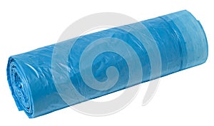 Blue plastic trash bags with strings on white background, close up