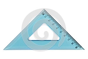 Blue plastic triangle ruler isolated on white