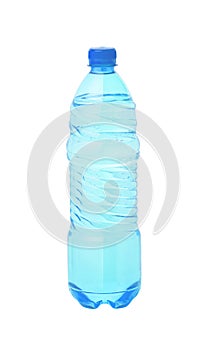 Blue plastic water bottle isolated on white background