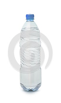 Blue plastic water bottle isolated on white background