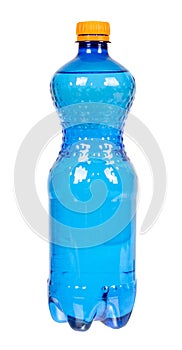 Blue plastic water bottle with orange cap, isolated on white background