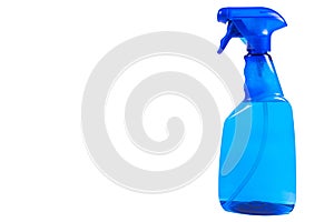 Blue plastic water spray bottle isolated on white background. Blue blank plastic spray detergent bottle isolated on white backgrou