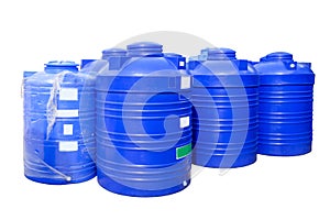 Blue plastic water tanks isolated on white background. photo