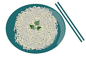 Blue plate of noodles and sticks