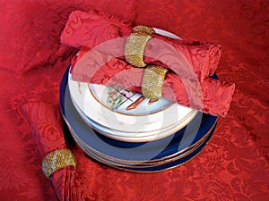 Blue plates on brocade