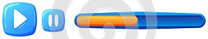 Blue play button and orange progress bar. Glossy media player icons interface vector illustration.