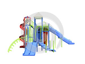 Blue playground for children with ladders with red spiral slide straight slide 3d render on white background no shadow