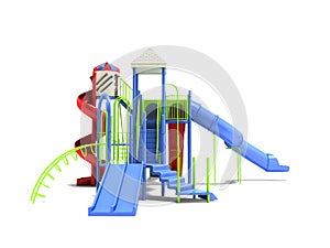 Blue playground for children with ladders with red spiral slide straight slide 3d render on white background with shadow