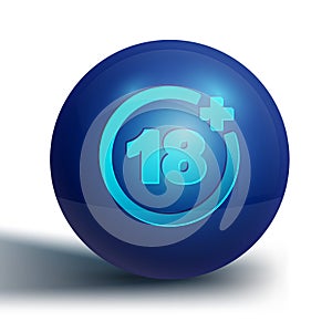 Blue Plus 18 movie icon isolated on white background. Adult content. Under 18 years sign. Blue circle button. Vector