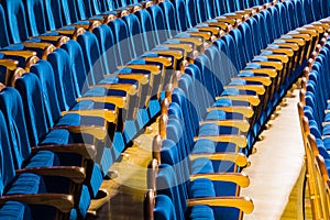 Blue plush chairs with wooden armrests in the auditorium. Empty auditorium in the theater