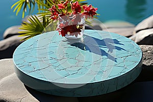 Blue podium for cosmetics and spa products with floating flowers on tranquil water
