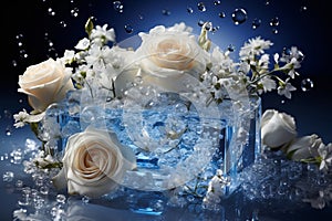 Blue podium for cosmetics and spa products on water texture with floating flowers