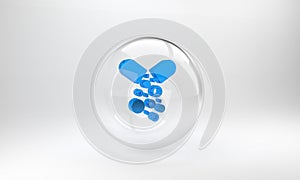 Blue Poisoned pill icon isolated on grey background. Pill with toxin. Dangerous drug. Glass circle button. 3D render