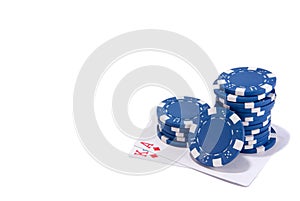 Blue poker chips and cards