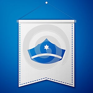 Blue Police cap with cockade icon isolated on blue background. Police hat sign. White pennant template. Vector