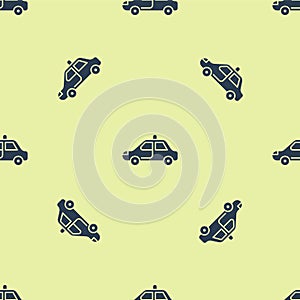 Blue Police car and police flasher icon isolated seamless pattern on yellow background. Emergency flashing siren. Vector