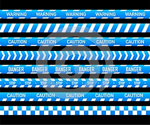 Blue police line set. Crime scene yellow tape. danger tapes. Vector stock illustration.