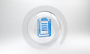 Blue Police report icon isolated on grey background. Glass circle button. 3D render illustration