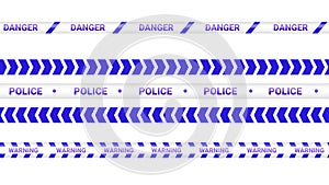 Blue police tape, crime danger line. Caution police lines isolated. Warning tapes. Set of blue warning ribbons. Vector