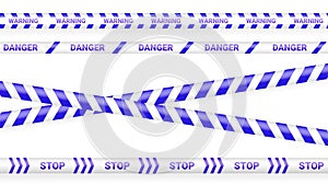 Blue police tape, crime danger line. Caution police lines isolated. Warning tapes. Set of blue warning ribbons. Vector