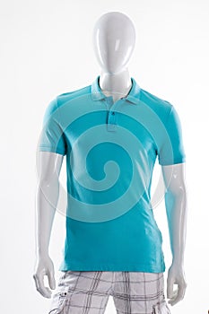 Blue polo t-shirt on mannequin.