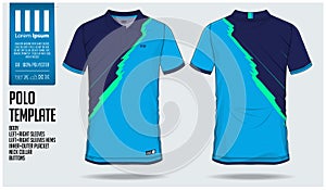 Blue polo t-shirt sport template design for soccer jersey, football kit or sport shirt. Sport uniform in front view and back view.