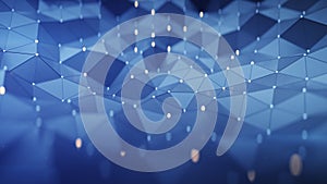 Blue polygonal space with connected nodes and lines 3D render