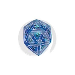 Blue polyhedral blue dice isolated on white background. Watercolor hand drawn illustration in cartoon style