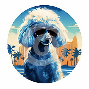 Blue Poodle Dog In Sunglasses On Circular Background