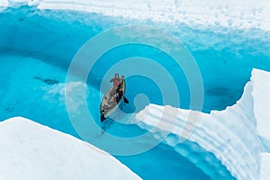 Blue pool and narrow seracs fins of ice on top of the Matanuska Glacier in the Alaskan backcountry