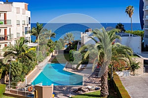 Blue pool, palm trees and beach in Cyprus coast