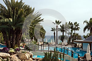 Blue pool, palm trees, umbrellas and the sea in the distance. Waiting for rest