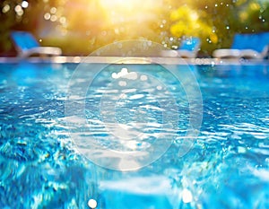blue pool shines on a summer day Water Surface with Sunlight Defocus blurred transparent
