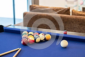 Blue Pool table with balls