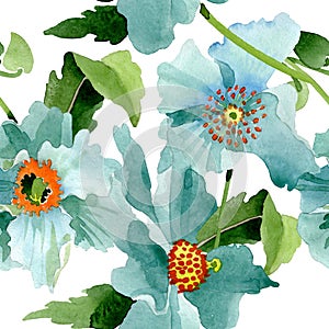 Blue poppy floral botanical flower. Watercolor background illustration set. Seamless background pattern.