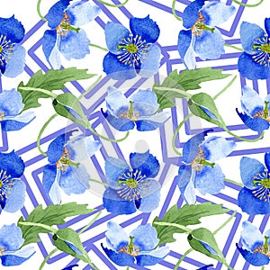 Blue poppy floral botanical flowers. Watercolor illustration set. Seamless background pattern.