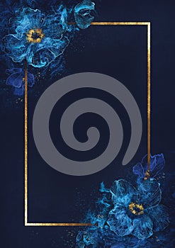 Blue Poppy flowers and golden rectangle frame. Digital painting