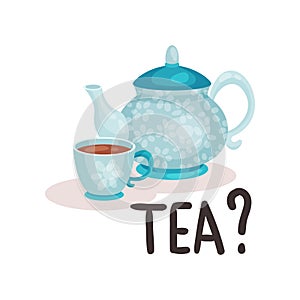 Blue porcelain teapot and cup with fresh tea. Traditional British beverage. Isolated flat vector design photo