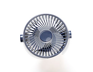Blue portable and rechargeable fan on white background