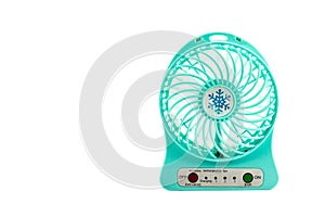 Blue portable small fan electric fan on white isolated background